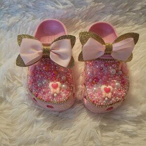 Custom Toddler Pink Tweed Glitter Crocs Pink & White Size C9